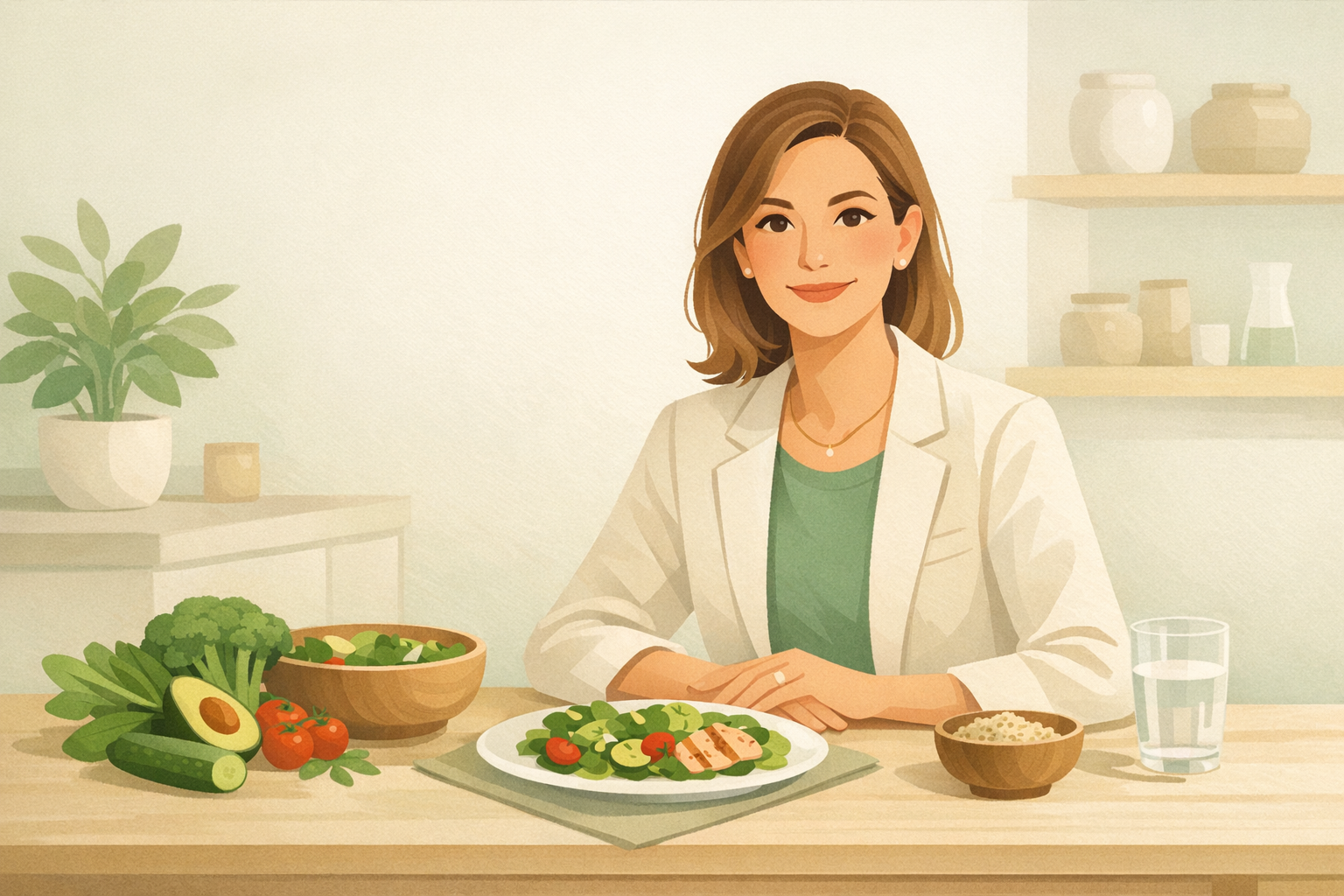 Voedingsdeskundige aan tafel met gezonde maaltijd